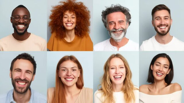 Collage of smiling happy people portraits diverse gender, different cultures, ages, ethnicity. Men and women looking at camera. Close-up of males female faces. Diversity of multiethnic humans outdoors