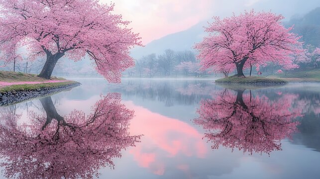 Cherry blossom trees a still lake at sunrise wide angle capture with f11 for sharp reflections in water soft pastel sky mirrored perfectly polarizing filter enhancing contrast no humans no text