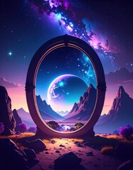 A fantastical portal reveals a breathtaking view of distant galaxies and majestic mountains.