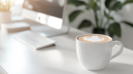 Steaming cup of coffee sits on a desk with computer keyboard, notebook, and and houseplant, a cozy creating inviting workspace