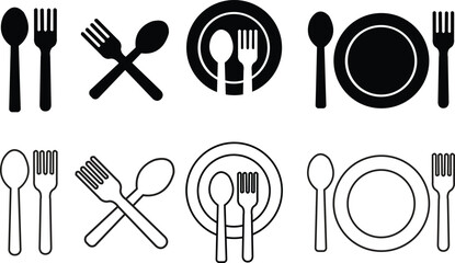 Kitchen icons. Fork, knife, spoon and plate set. Tableware collection flat and line style. Dinner service. for apps and websites - stock vector.