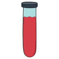 Hand drawn cartoon test tube with blood on white background.