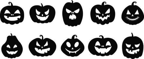 Halloween monster jack lantern pumpkin carved glowing scary face set in flat style. Holiday cartoon character collection for celebration design. ghost Vector spooky illustration © Muhammad