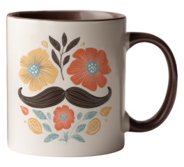 Floral mustache coffee mug isolated on a white background