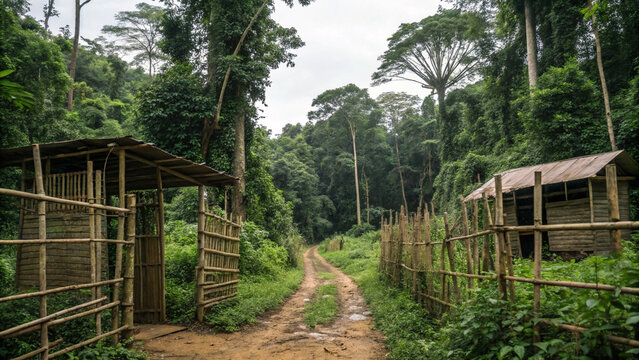 Remote Micronation Forest Path with Bamboo Gate