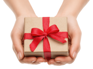 Hands offering a small gift box isolated on a white background
