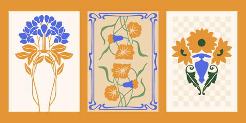 Art Nouveau style vector posters set. Vintage print designs with flowers, whimsical frame, checkered background