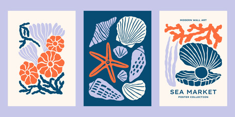 Underwater ocean shells vector posters set. Minimalist retro print designs with seashells and seaweeds illustrations