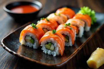 Various sushi rolls on a plate, soy sauce, wasabi, ginger, raw, plate, top view
