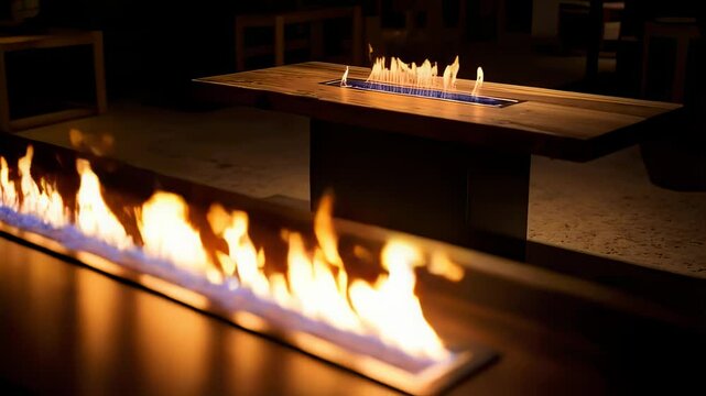 Modern Wood Burning Table with Flames at Night