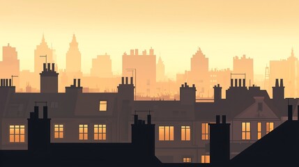 Obraz premium Rooftop Silhouettes Under Golden Sunset in Peaceful Cityscape