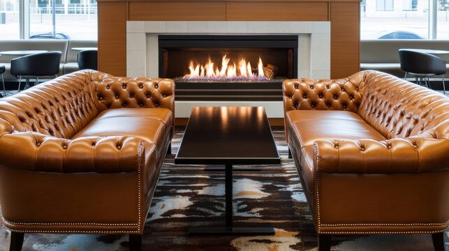 Earth-toned leather sofas arranged next to a modern fireplace in a high-end hotels main seating area
