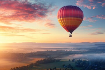 Fototapeta premium Hot air balloon floating over a vast landscape at sunrise aerial view nature scene tranquil environment adventure concept