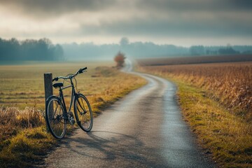 Obraz premium Lone bicycle against milestone serene country road nature scene tranquil landscape wide angle view solitude and journey