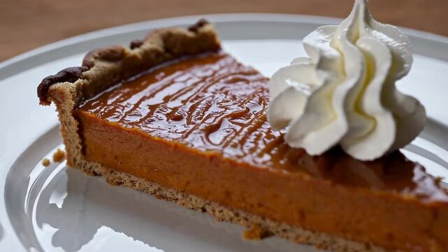 Delicious pumpkin pie slice with cream topping on white plate in natural light