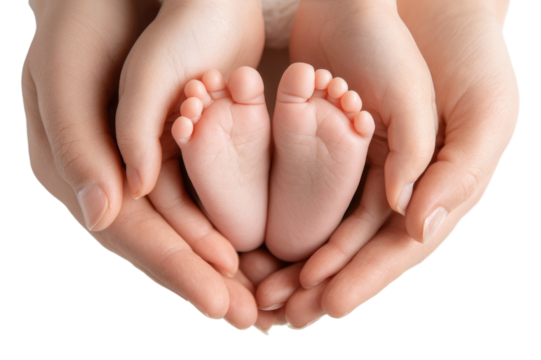 Tender loving hands holding tiny baby feet isolated on a white background