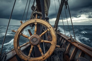 Navigating the storm a ship's wheel on an old sailing vessel open ocean gigapixel quality dramatic skies nautical concept