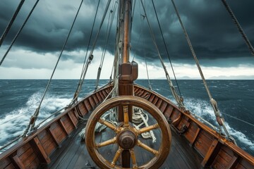 Old sailing vessel's wheel against stormy skies ocean adventure nautical photography dramatic seascape captivating perspective