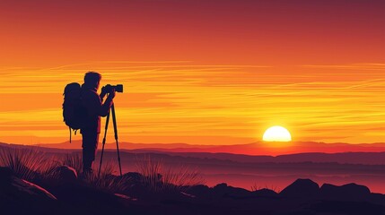 Traveler Photographer at Sunset with Camera in Hand