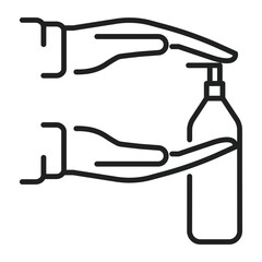 Hands are shown using sanitizer. Bottle is placed in the hand, and the other hand is on top to press down for sanitizing.