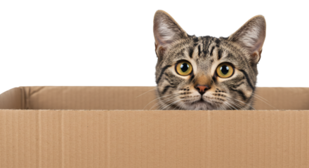 Tabby feline peering over the edge of a cardboard container with curious expression on its face isolated on transparent background