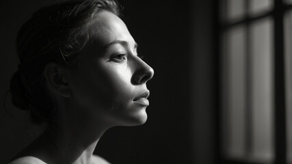 High-Contrast B\&W Profile of Pensive Person in Dramatic Lighting