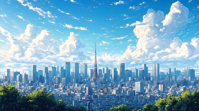 anime cityscape of tokyo skyline with skyscrapers and blue sky in cartoon style high resolution wallpaper