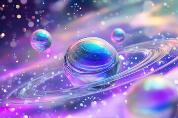 Obraz premium Colorful celestial orbs dance in a vibrant cosmic landscape filled with swirling galaxies and sparkling stardust
