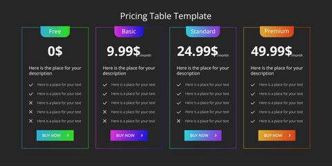 Pricing table template, dark background.