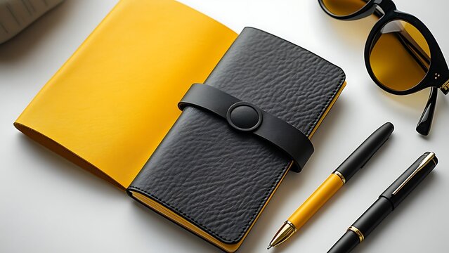 Stylish stationery arrangement featuring a black leather journal yellow notebook and accessories