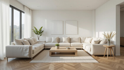 Fototapeta premium Modern Minimalist Living Room Interior Design Beige Sofa Wooden Floor