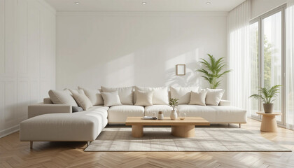 Fototapeta premium Modern Minimalist Living Room Interior Design Beige Sofa Wooden Coffee Table Plants