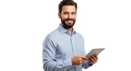 Smiling man with beard holding a tablet device wearing a light blue shirt in a portrait view isolated on transparent background