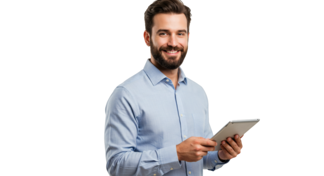 Smiling man with beard holding a tablet device wearing a light blue shirt in a portrait view isolated on transparent background