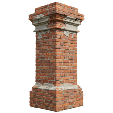 Isolated brick pillar with concrete accents, showing aged texture and weathered construction detail isolated on transparent background