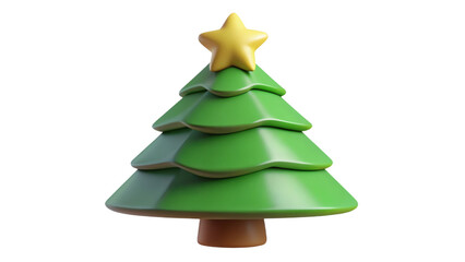 A green christmas tree with a yellow star on top rendered in a cartoonish style and isolated isolated on transparent background