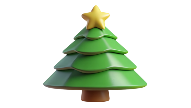 A green christmas tree with a yellow star on top rendered in a cartoonish style and isolated isolated on transparent background