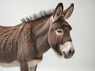 A portrait of a donkey with its body facing slightly away
