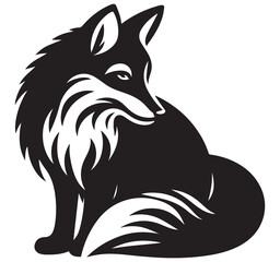 Obraz premium Black and White Fox Vector Illustration: Elegant Silhouette of a Sitting Fox with Detailed Fur and Tail Design - Animal Art Graphic