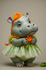 Cute Gray Baby Hippo with Lace-Trimmed Dress and Flower, Centered on Neutral Background