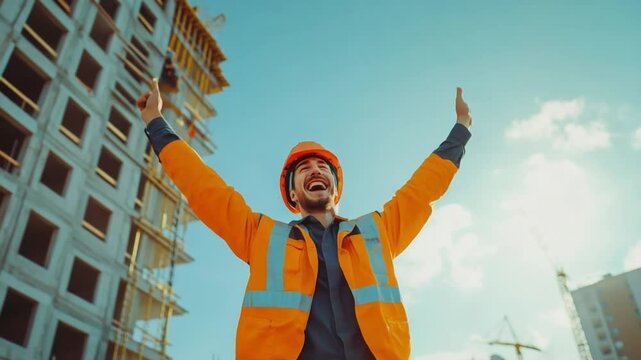 Construction Worker's Triumph: A construction worker stands before a construction site, celebrating a moment of triumph. With arms raised, the worker symbolizes pride, success.