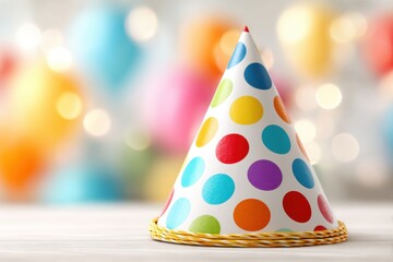 A colorful polka dot birthday party hat sits on a white surface, with blurred balloons, perfect for birthdays, celebrations, and festive events, creating a cheerful atmosphere.