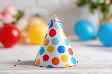 A vibrant party hat with colorful polka dots, set against a festive backdrop of balloons and flowers, creates a joyful atmosphere for a celebration or event.