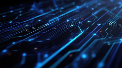 Futuristic blue circuit lines on geometric tech background, symbolizing digital innovation and advanced technology