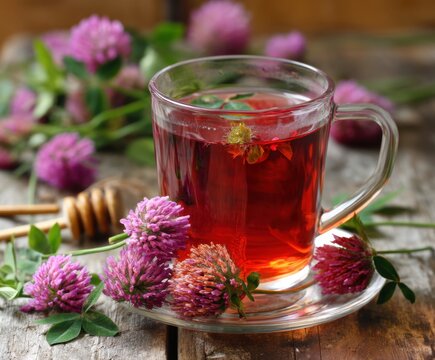 Medicinal herbal tea or infusion of red clover in a glass cup with flowers