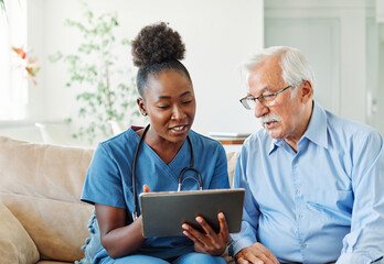nurse doctor senior care tablet computer technology showing caregiver help assistence retirement home nursing elderly woman african american black happy laughing man
