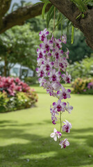 Obraz premium Beautiful orchids hanging gracefully from tree, gentle breeze carries their sweet fragrance, creating sense of peace and wonder
