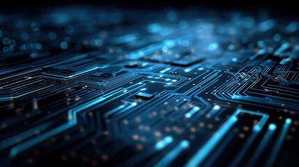 Futuristic blue circuit lines on geometric tech background, symbolizing digital innovation and advanced technology