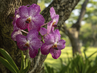 Cluster of bright purple orchids, speckled with pink and white, creates delightful floral display, evoking sense of natural beauty and graceful charm