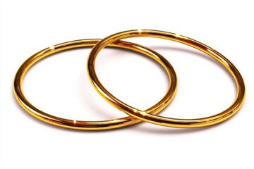 Fototapeta premium Two gleaming gold bangles intertwined on a white background, showcasing luxury and elegance, suitable for jewelry advertising and design concepts of glamour, shine.